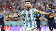 Lionel Messi celebrates after converting from the spot. 