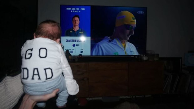 Cameron McEvoy's wife, Madeline, and their baby boy, Hartley, watching from home.