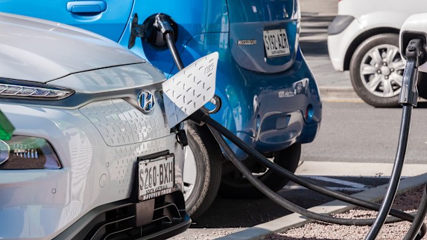 Adelaide, South Australia - August 23, 2019: Cars connected to EV charging station in Adelaide city centre on a day