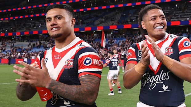 Spencer Leniu and Naufahu Whyte of the Roosters celebrate winning the NRL Semi Final match between Sydney Roosters and Manly Sea Eagles at Allianz Stadium on September 21, 2024 in Sydney, Australia.