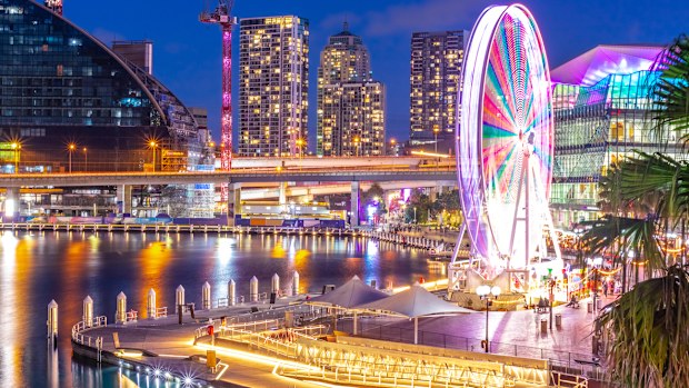 Sydney Darling harbour NSW Australia blue hour lovely colours of the neon lights