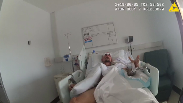 Benjamin Hoffmann handcuffed to his bed at Royal Darwin Hospital.