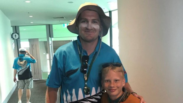 Jordie Barrett with a fan at the Boxing Day Test