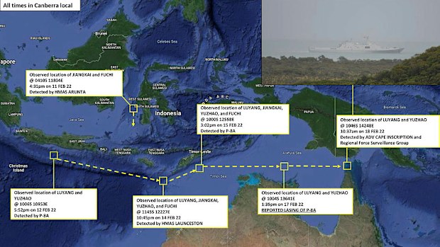 A Department of Defence map shows a timeline of events leading to the laser attack