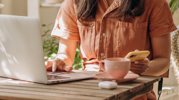 woman using computer at home