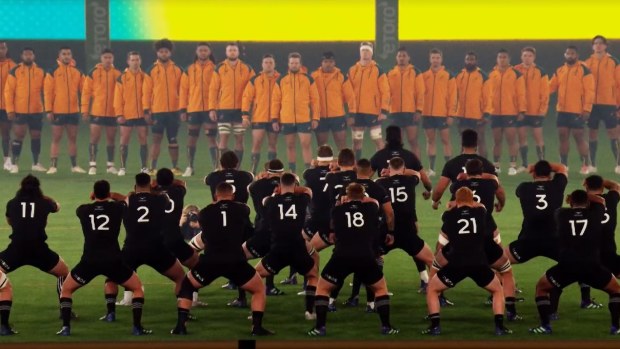 The Wallabies stare down the haka.