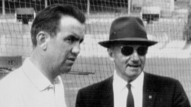 Bob Simpson (left) and Sir Donald Bradman pictured in 1965.