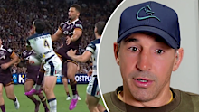Billy Slater thinks Tom Chester should have caught the ball here.