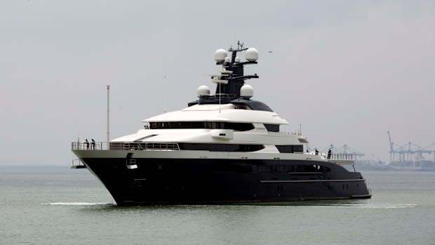 The seized luxury yacht, Equanimity, arrives at Port Klang, Selangor, Malaysia.(AP).