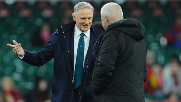 Australia coach Joe Schmidt chats to Wales coach Warren Gatland.