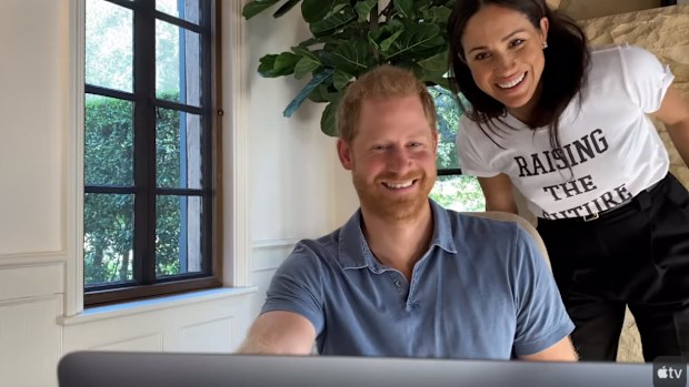 In one clip Meghan joins Harry on a video call.
