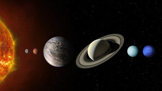 A planetary alignment, or a "planet parade" see six planets  Jupiter, Mercury, Uranus, Mars, Neptune and Saturn. Solar System planets. High resolution images. Elements of this image furnished by NASA.