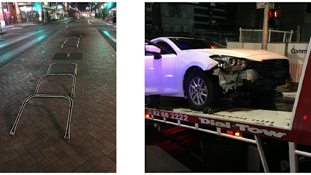 Damage to bicycle racks (left) and the battered car (right). (SA Police)