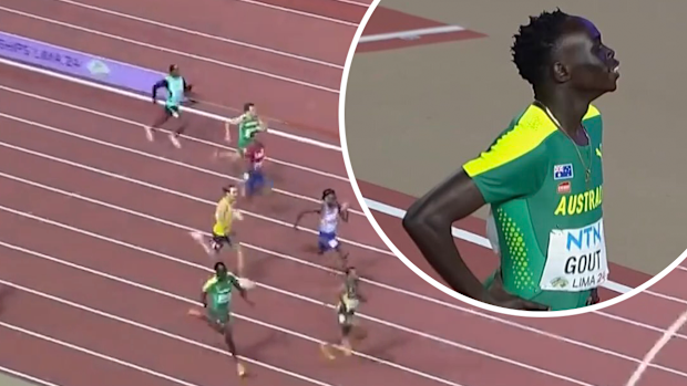 Gout Gout of Australia reacts after claiming silver in the men's 200m at the World Athletics U20 Championships. 