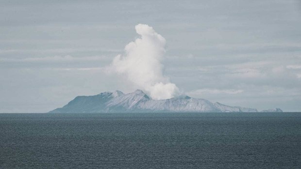 Whakaari/White Island as seen from the Bay of Plenty coast.
