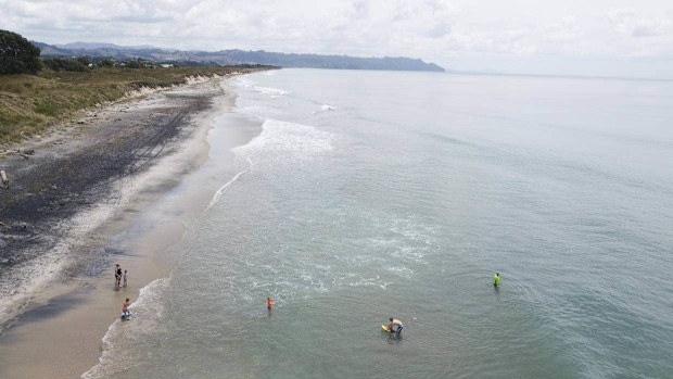 Waihī Beach and Bowentown in the Coromandel have had an increase of shark sightings since a woman was killed by a shark at Waihī Beach in January last year. Drone photos looking north, taken from the south end of the beach.
