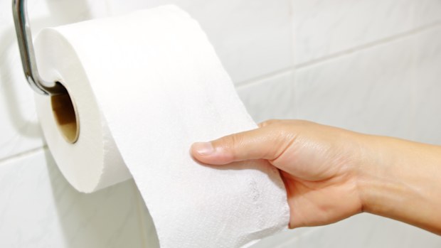 Woman hand holding the roll of toilet paper