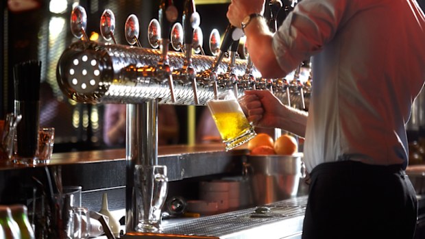 Barista in the pub pouring beer drink into glass for the customer.