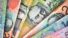 Australian Dollar bills creating a colorful background