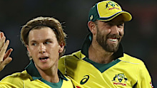 VISAKHAPATNAM, INDIA - FEBRUARY 24: Adam Zampa of Australia celebrates with Aaron Finch and Glenn Maxwell after taking the wicket of Virat Kohli of India during game one of the T20I Series between India and Australia at ACA-VDCA Stadium on February 24, 2019 in Visakhapatnam, India. (Photo by Robert Cianflone/Getty Images)