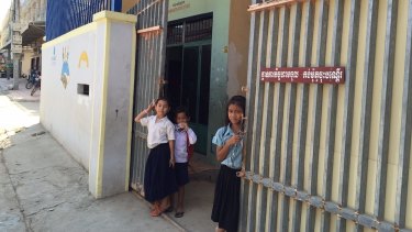 Children outside an orphanage in Phnom Penh.