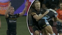 Thomas Jenkins reacts to Jesse Ramien's shoulder charge. 