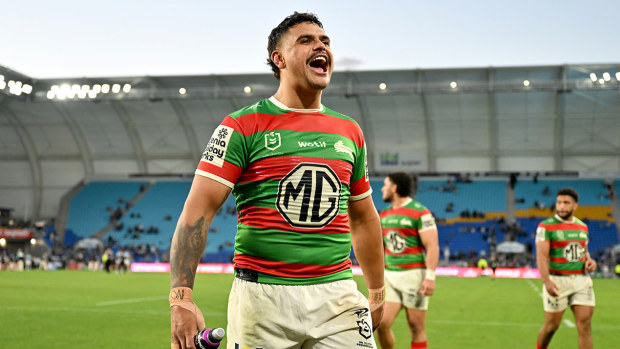 Latrell Mitchell celebrating the Rabbitohs' win over the Titans on the Gold Coast.