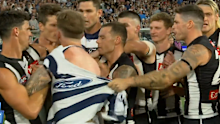Bad blood triggers all-in Pies, Cats brawl.