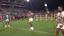 Alofi Khan-Pereira pays homage to Nicky Winmar during the NRL All Stars pre-game ceremony.
