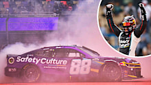 Shane van Gisbergen celebrates winning a NASCAR race in Mexico City.