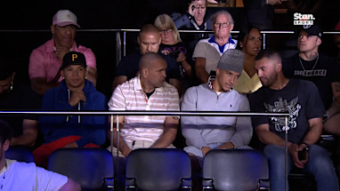 Anthony Mundine and John Hopoate watch the action at Uncaged.