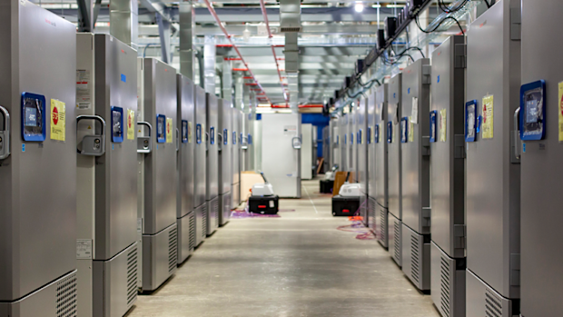 This photo provided by Pfizer shows part of a "freezer farm," a football field-sized facility for storing finished COVID-19 vaccines, under construction in Kalamazoo, Michigan. Pfizer's experimental vaccine requires ultracold storage, at about -70°C.  (Jeremy Davidson/Pfizer via AP)