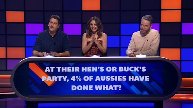 Mike Goldstein, Pia Miranda and Hamish Blake on The Hundred with Andy Lee Season 6 finale.