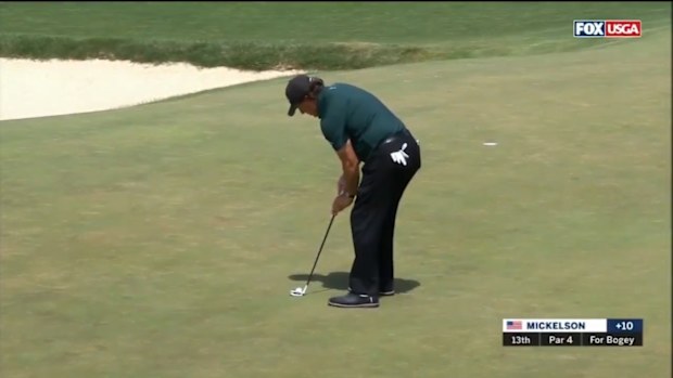 Mickelson, who turns 48 today, missed a bogey putt on the 13th before running the ball and hitting it again as it continued to roll away from the hole. Picture: Foxtel