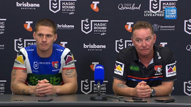 Kalyn Ponga and Adam O'Brien speak to media after their round-nine win over the Rabbitohs.