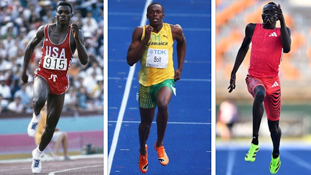 From left: Carl Lewis, Usain Bolt and Gout Gout.