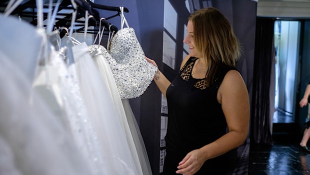 This bride likes the corseted look.