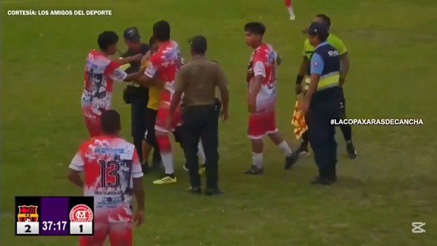Players separate a member of coaching staff after he was kicked by the referee.