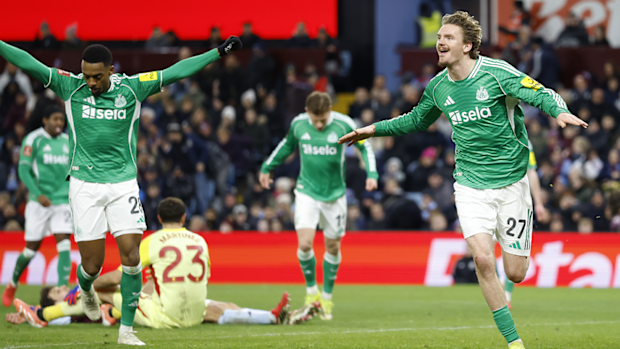 Newcastle United's Nick Woltemade celebrates scoring the Magpies' third goal during their FA Cup fourth round clash.