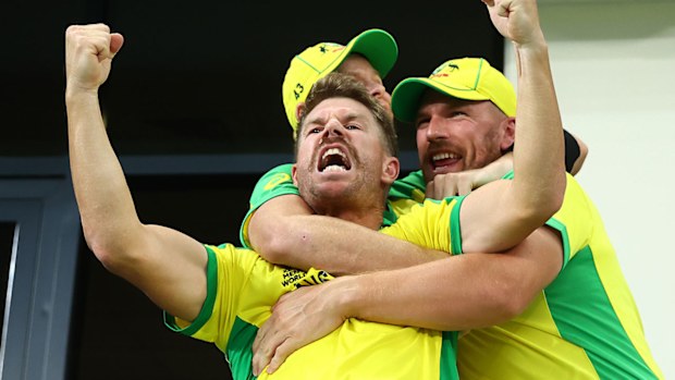 David Warner celebrating after Australia's T20 World Cup final win