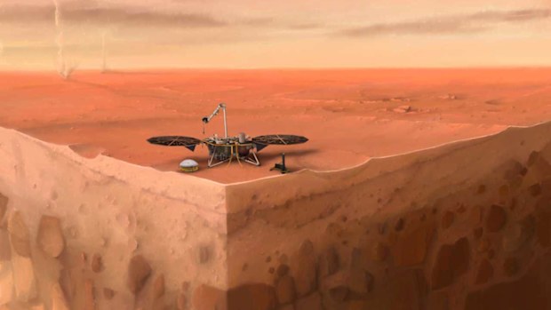 n this artist's concept of NASA's InSight lander on Mars, layers of the planet's subsurface can be seen below and dust devils can be seen in the background.