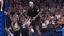 Nick Kyrgios dances at the Brisbane International.