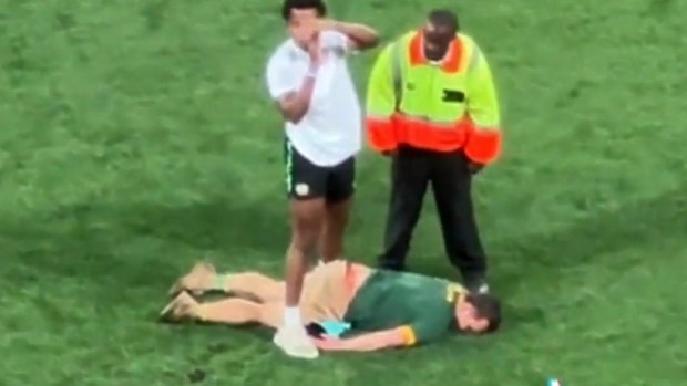 The pitch invader was knocked out cold.