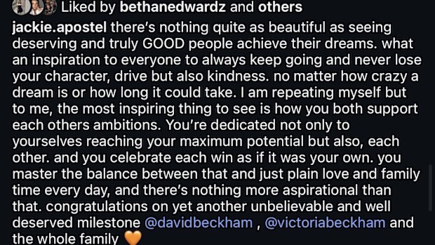 Jackie Apostel's gushing tribute to David and Victoria Beckham.
