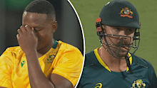 Kagiso Rabada reacts to a dropped catch before Travis Head is dismissed. 