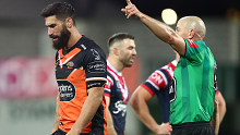 James Tamou is sent from the field against the Sydney Roosters.