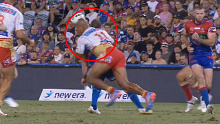 Dolphins star Felise Kaufusi has been handed a three match ban for this hit on Knights halfback Jackson Hastings