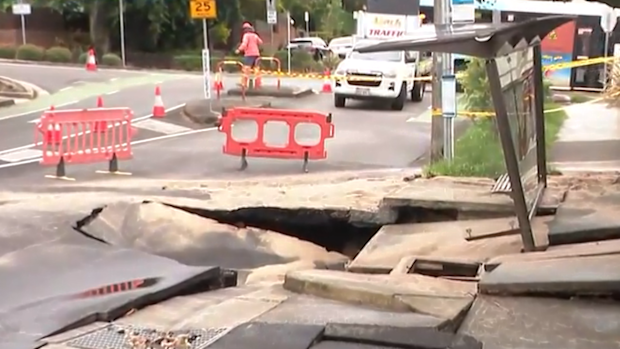 A burst main ruptured the footpath and parts of Grasmere Road.