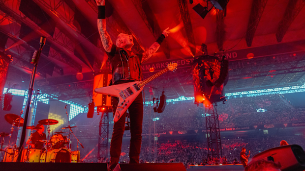 Metallica singer and guitarist James Hetfield on stage.