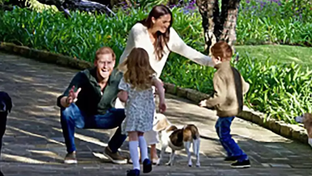 The Duke and Duchess of Sussex Prince Harry and Meghan with their children Prince Archie and Princess Lilibet, and their three dogs, pictured on the 2024 Christmas card.